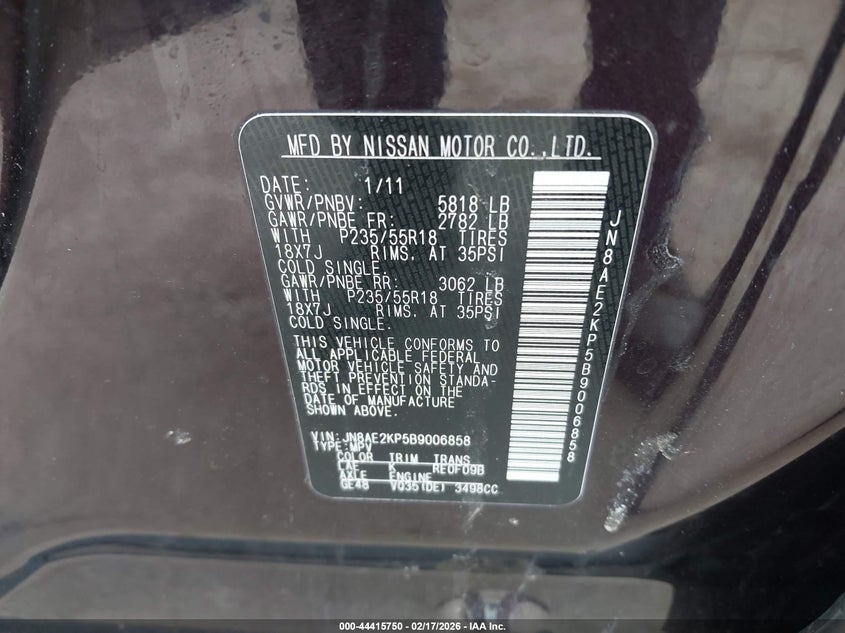 2011 Nissan Quest Sl VIN: JN8AE2KP5B9006858 Lot: 44415750