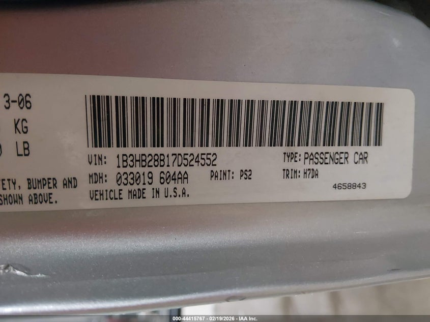 2007 Dodge Caliber VIN: 1B3HB28B17D524552 Lot: 44415767