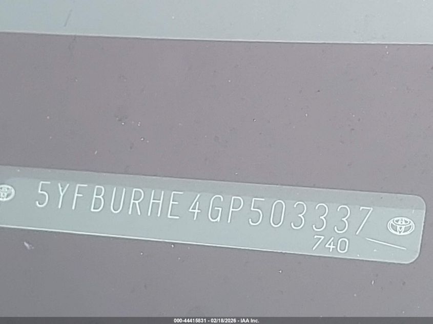 2016 Toyota Corolla Le VIN: 5YFBURHE4GP503337 Lot: 44415831