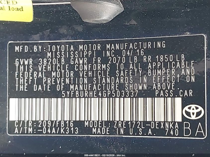 2016 Toyota Corolla Le VIN: 5YFBURHE4GP503337 Lot: 44415831