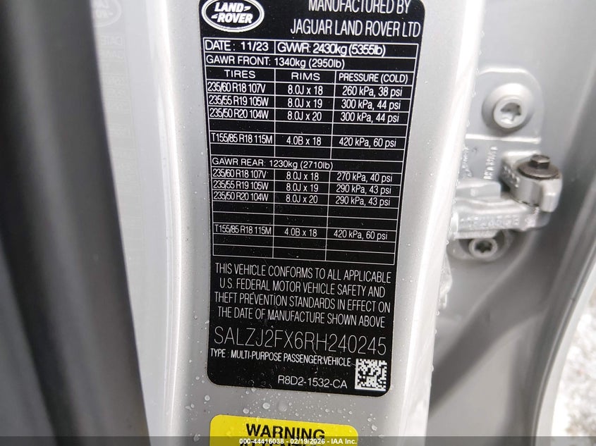 2024 Land Rover Range Rover Evoque Core S VIN: SALZJ2FX6RH240245 Lot: 44416038