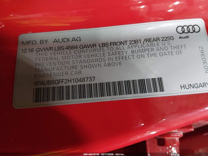 2017 Audi A3 2.0T Premium VIN: WAUB8GFF2H1048737 Lot: 44416148