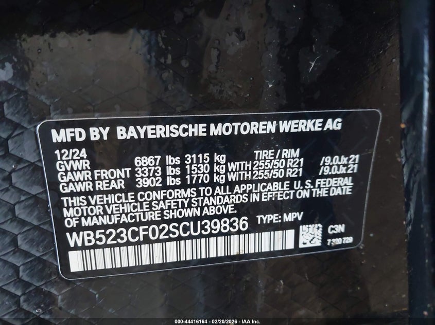 2025 BMW Ix xDrive50 VIN: WB523CF02SCU39836 Lot: 44416164