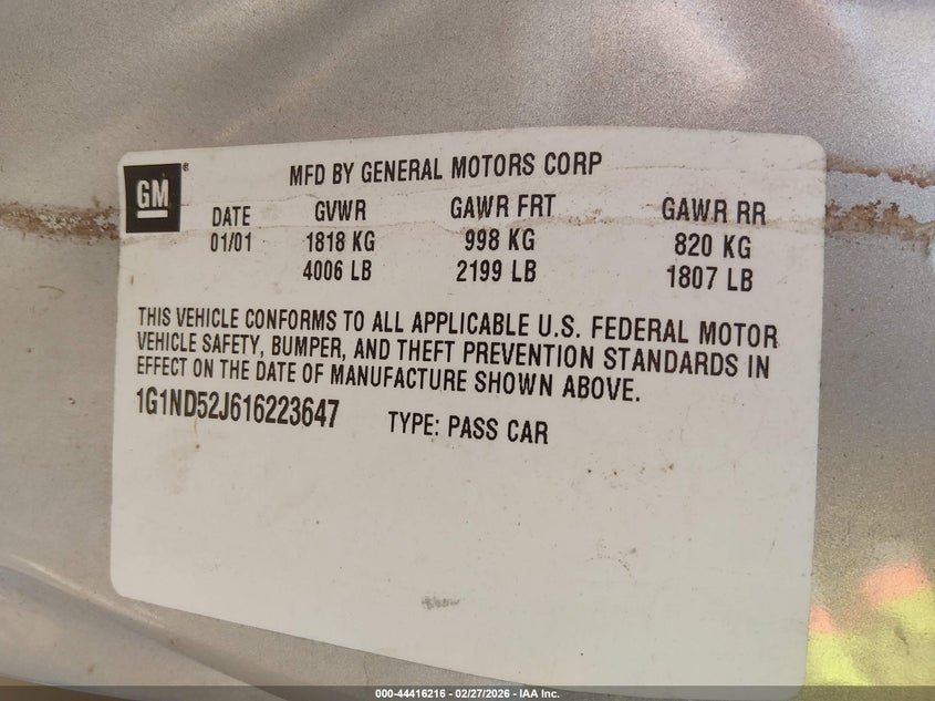 2001 Chevrolet Malibu VIN: 1G1ND52J616223647 Lot: 44416216