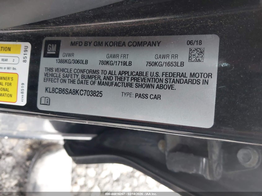 2019 Chevrolet Spark Ls Cvt VIN: KL8CB6SA8KC703825 Lot: 44416267