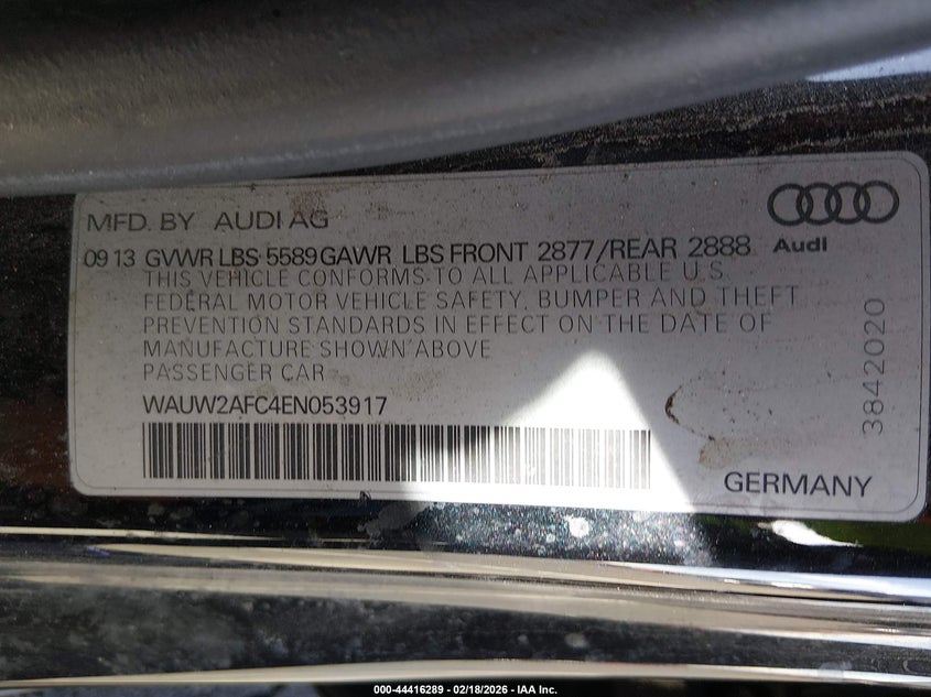 2014 Audi S7 4.0T Prestige VIN: WAUW2AFC4EN053917 Lot: 44416289