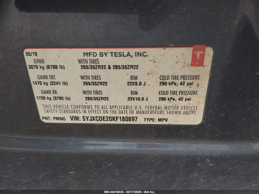 2019 Tesla Model X 100D/75D/Long Range/Standard Range VIN: 5YJXCDE20KF180897 Lot: 44416334