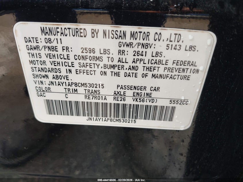 2012 Infiniti M56 VIN: JN1AY1AP8CM530215 Lot: 44416506