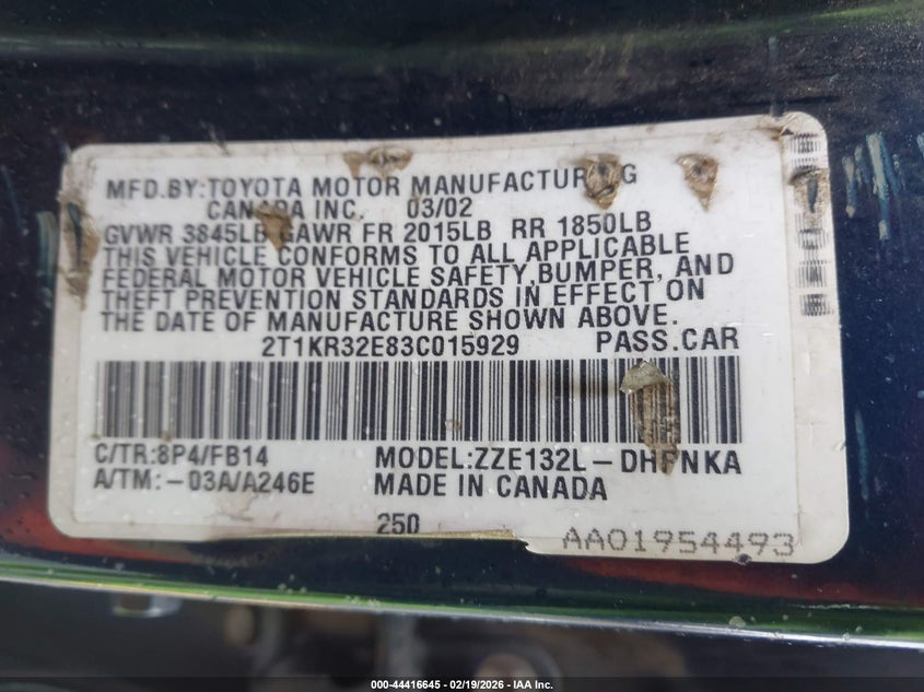 TOYOTA MATRIX 2003 VIN 2T1KR32E83C015929