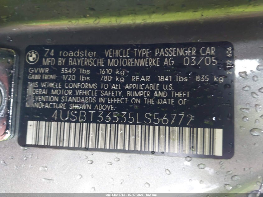 2005 BMW Z4 2.5I VIN: 4USBT33535LS56772 Lot: 44416767