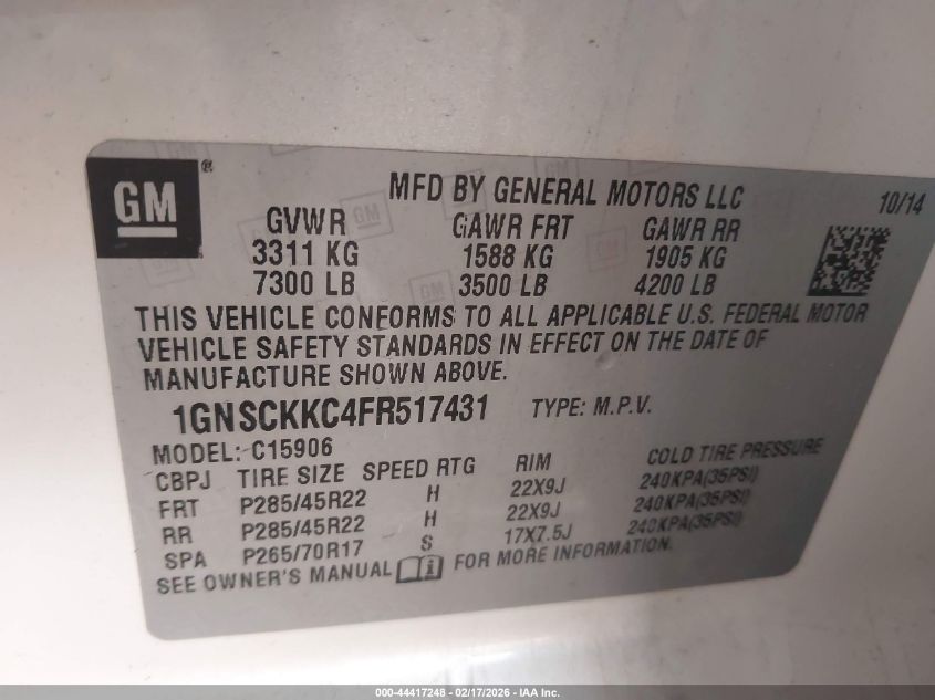 2015 Chevrolet Suburban 1500 Ltz VIN: 1GNSCKKC4FR517431 Lot: 44417248