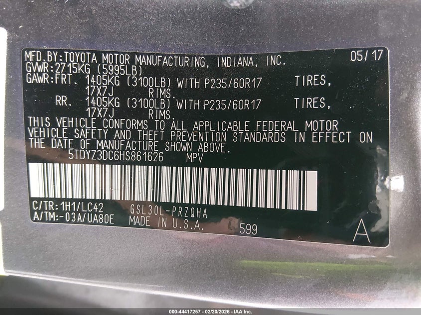 2017 Toyota Sienna Xle Premium 8 Passenger VIN: 5TDYZ3DC6HS861626 Lot: 44417257