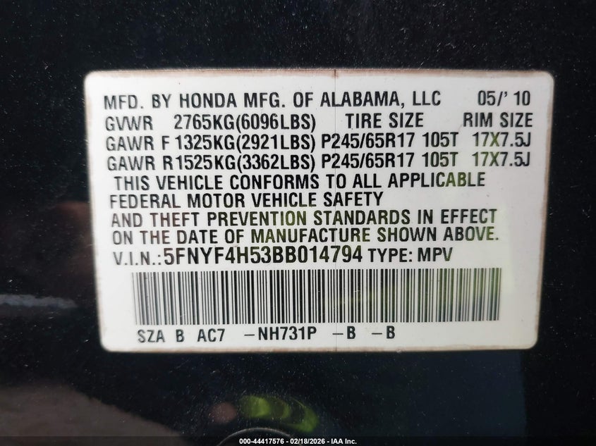 2011 Honda Pilot Ex-L VIN: 5FNYF4H53BB014794 Lot: 44417576