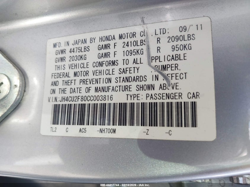 2012 Acura Tsx 2.4 silver Lot 111044417744 Vin JH4CU2F80CC003816