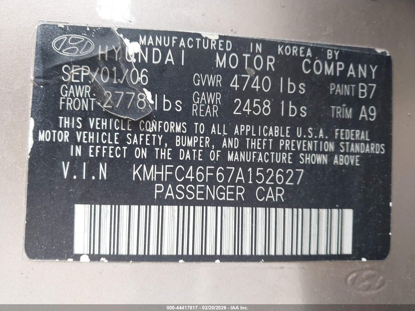 2007 Hyundai Azera Limited/Se VIN: KMHFC46F67A152627 Lot: 44417817