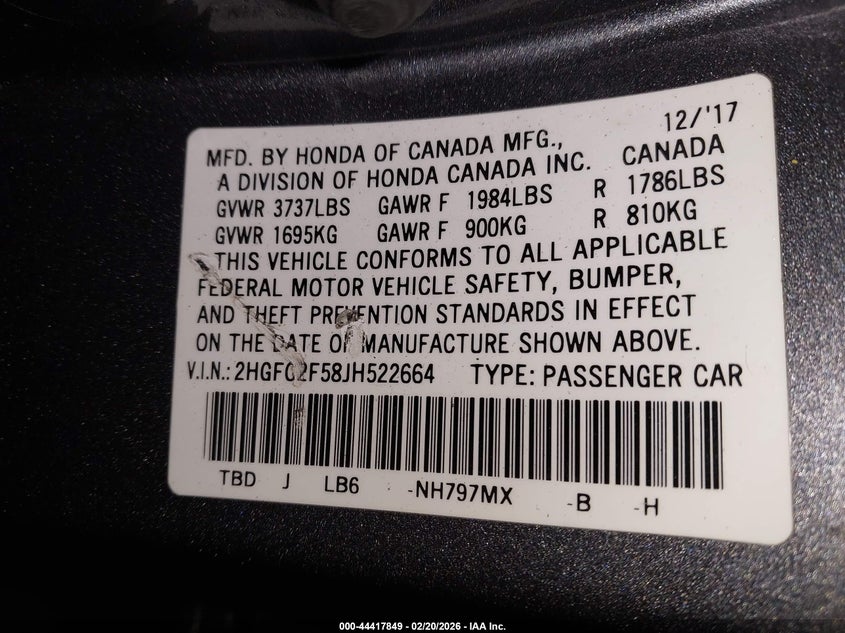 VIN 2HGFC2F58JH522664 2018 HONDA CIVIC LX