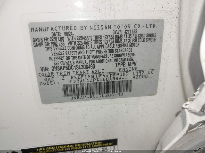 VIN 3N8AP6DC1SL308490 2025 NISSAN KICKS SR FWD
