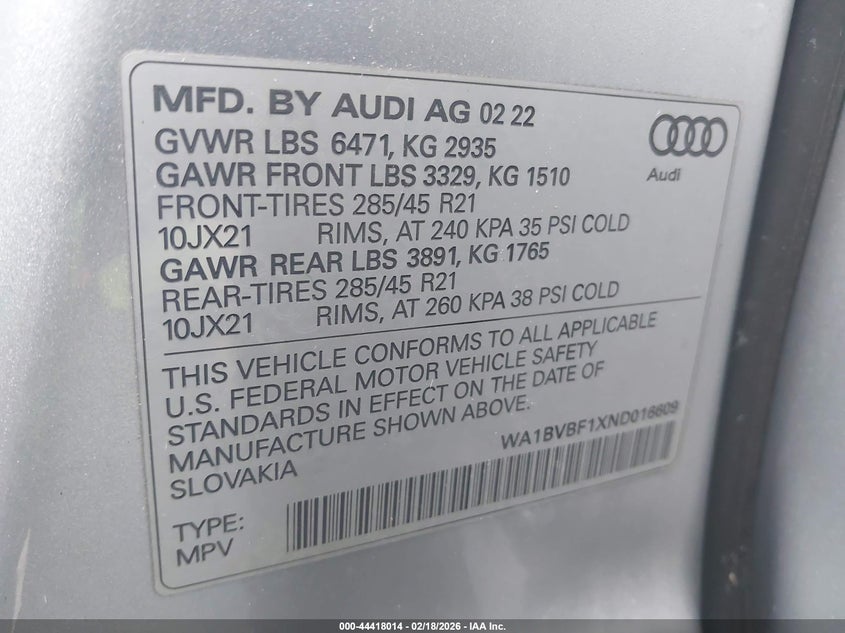 2022 Audi Q8 Premium Plus 55 Tfsi Quattro Tiptronic VIN: WA1BVBF1XND016609 Lot: 44418014