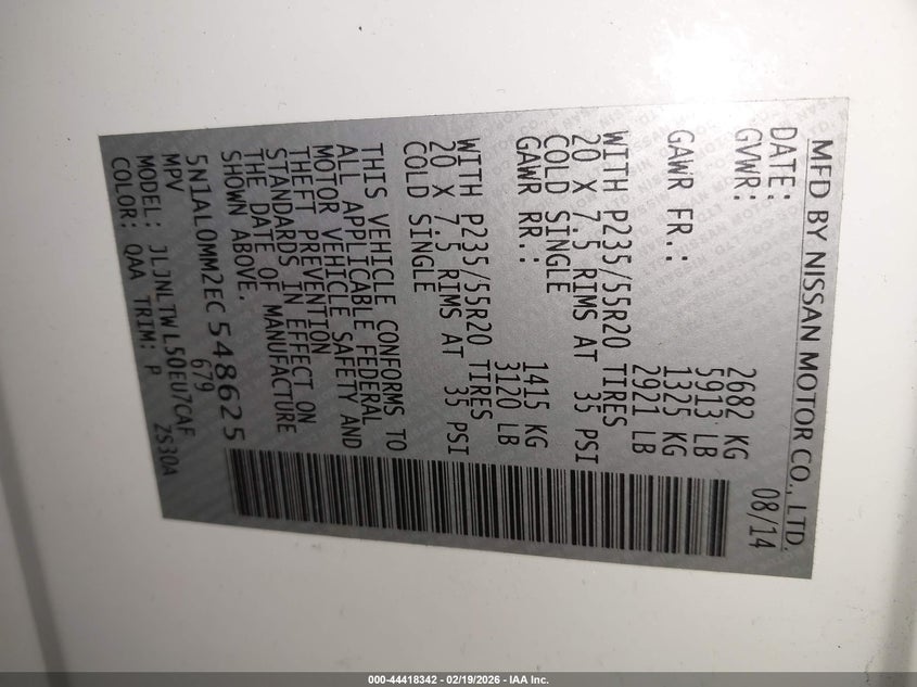 2014 Infiniti Qx60 VIN: 5N1AL0MM2EC548625 Lot: 44418342