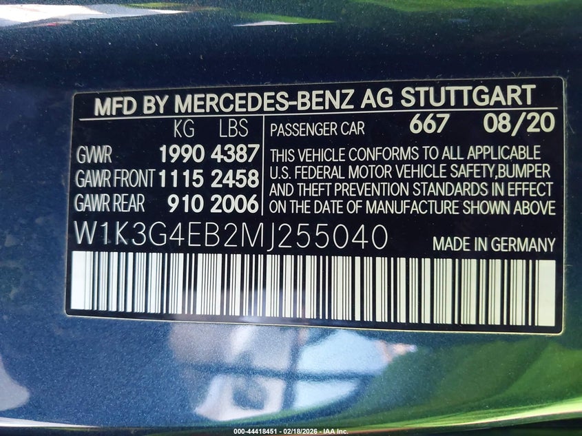 2021 Mercedes-Benz A 220 VIN: W1K3G4EB2MJ255040 Lot: 44418451