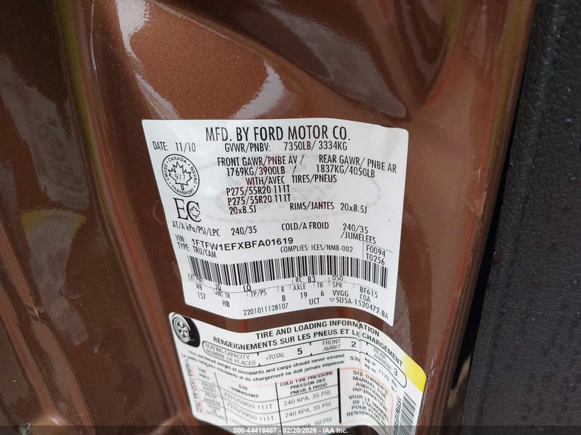 2011 Ford F-150 Lariat VIN: 1FTFW1EFXBFA01619 Lot: 44418487