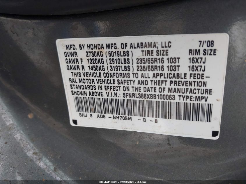 2008 Honda Odyssey Ex-L VIN: 5FNRL386X8B100063 Lot: 44418628