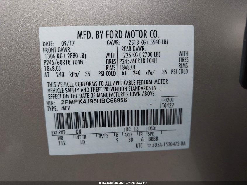 2017 Ford Edge Sel VIN: 2FMPK4J95HBC66956 Lot: 44418846