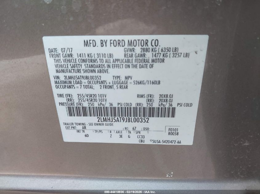 2018 Lincoln Mkt Reserve VIN: 2LMHJ5AT9JBL00352 Lot: 44418936