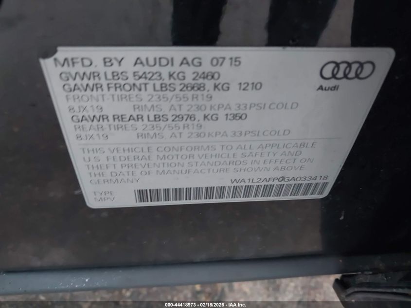 2016 Audi Q5 2.0T Premium VIN: WA1L2AFP0GA033418 Lot: 44418973