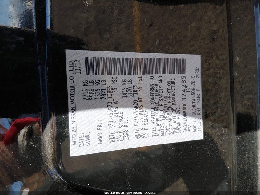 2013 Infiniti Jx35 VIN: 5N1AL0MM4DC324285 Lot: 44419000