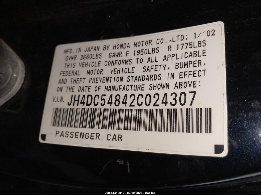 2002 Acura Rsx VIN: JH4DC54842C024307 Lot: 44419010