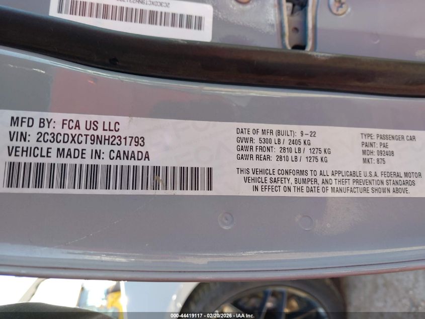 2022 Dodge Charger R/T VIN: 2C3CDXCT9NH231793 Lot: 44419117