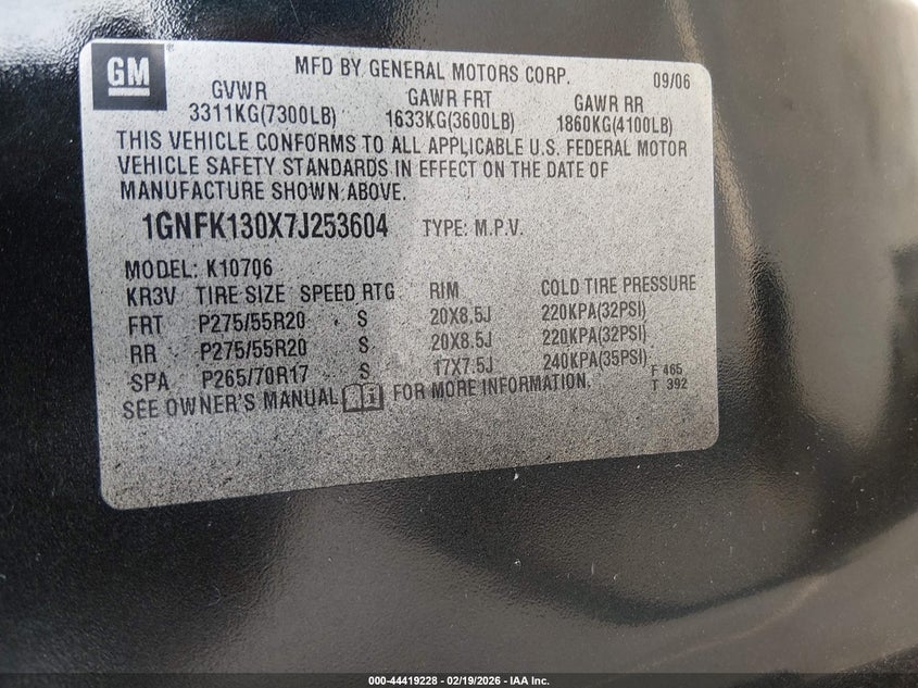 2007 Chevrolet Tahoe Ltz VIN: 1GNFK130X7J253604 Lot: 44419228