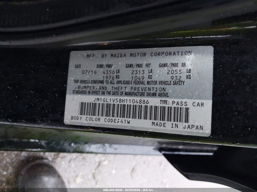 2017 Mazda Mazda6 Touring VIN: JM1GL1V58H1104886 Lot: 44419248