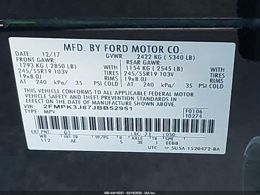 VIN 2FMPK3J87JBB52951 2018 FORD EDGE SEL