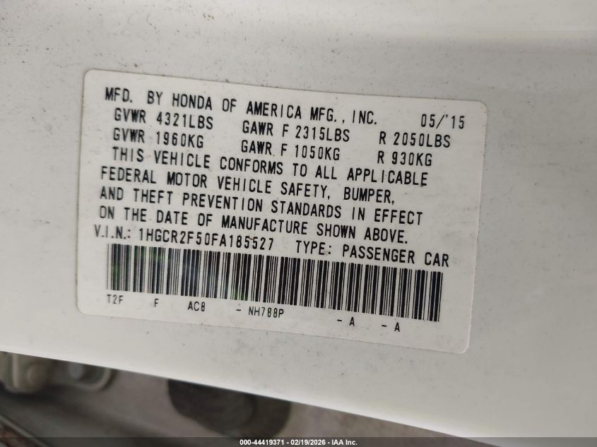 2015 Honda Accord Sport VIN: 1HGCR2F50FA185527 Lot: 44419371
