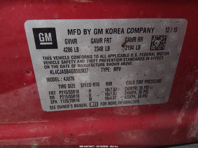 BUICK ENCORE 2016 VIN KL4CJASB4GB582837