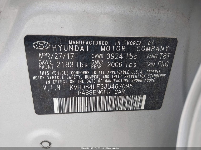 VIN KMHD84LF3JU467095 2018 HYUNDAI ELANTRA SEL