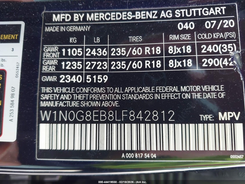 2020 Mercedes-Benz Glc 300 4Matic VIN: W1N0G8EB8LF842812 Lot: 44419558