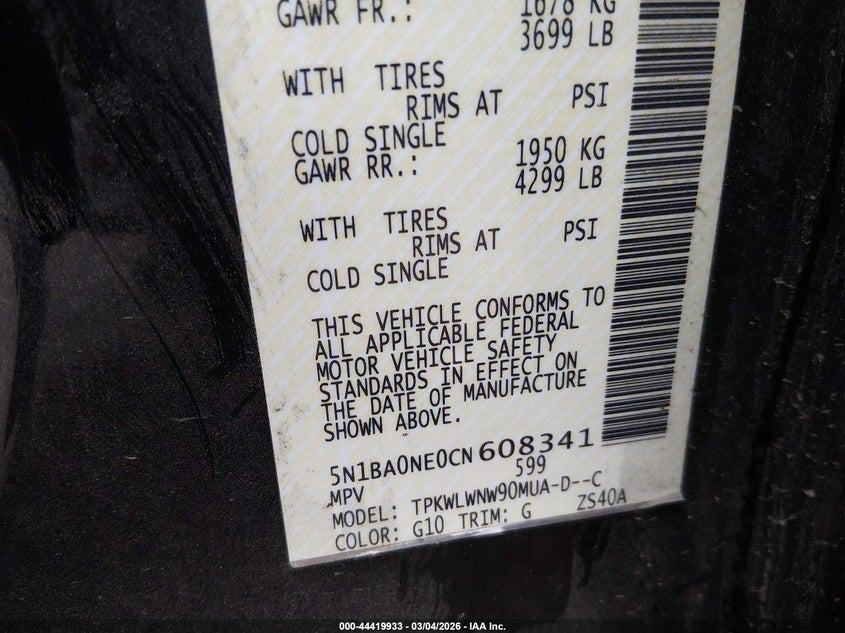 2012 Nissan Armada Platinum VIN: 5N1BA0NE0CN608341 Lot: 44419933