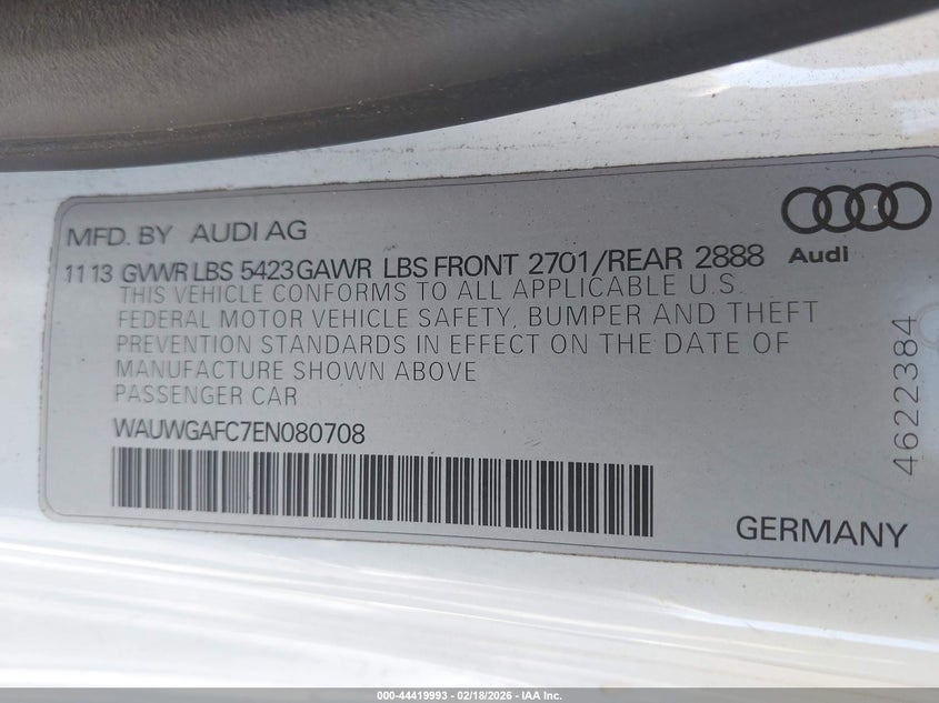 2014 Audi A7 3.0T Premium Plus VIN: WAUWGAFC7EN080708 Lot: 44419993