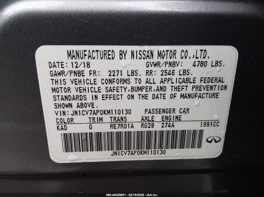 2019 Infiniti Q50 2.0T Pure VIN: JN1CV7AP0KM110130 Lot: 44420051