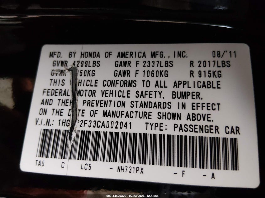 2012 Honda Accord 2.4 2.4 Lx black Lot 111044420322 Vin 1HGCP2F33CA002041
