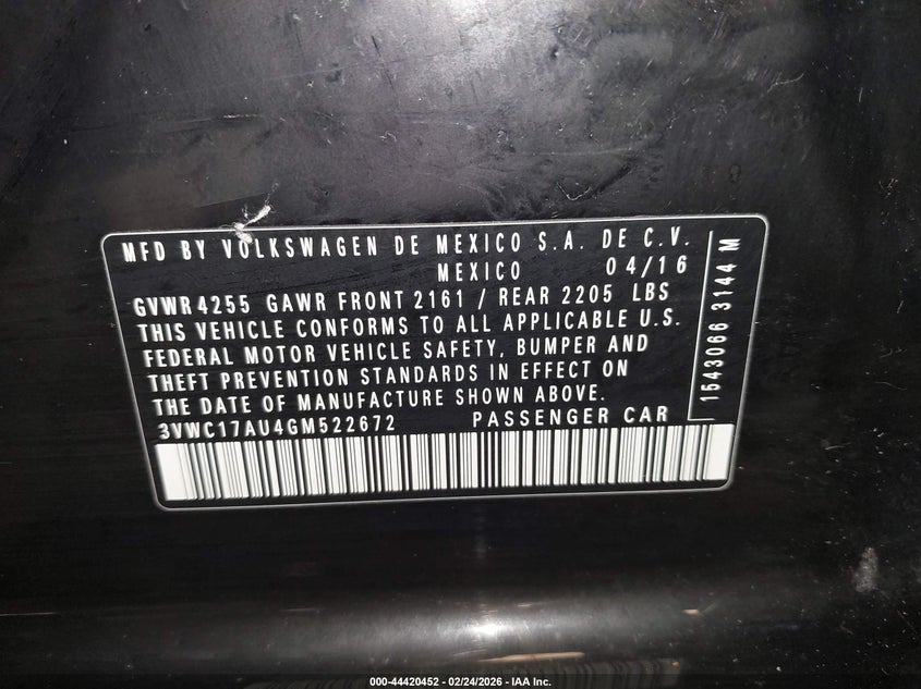 2016 Volkswagen Golf Sportwagen Tsi Limited Edition VIN: 3VWC17AU4GM522672 Lot: 44420452