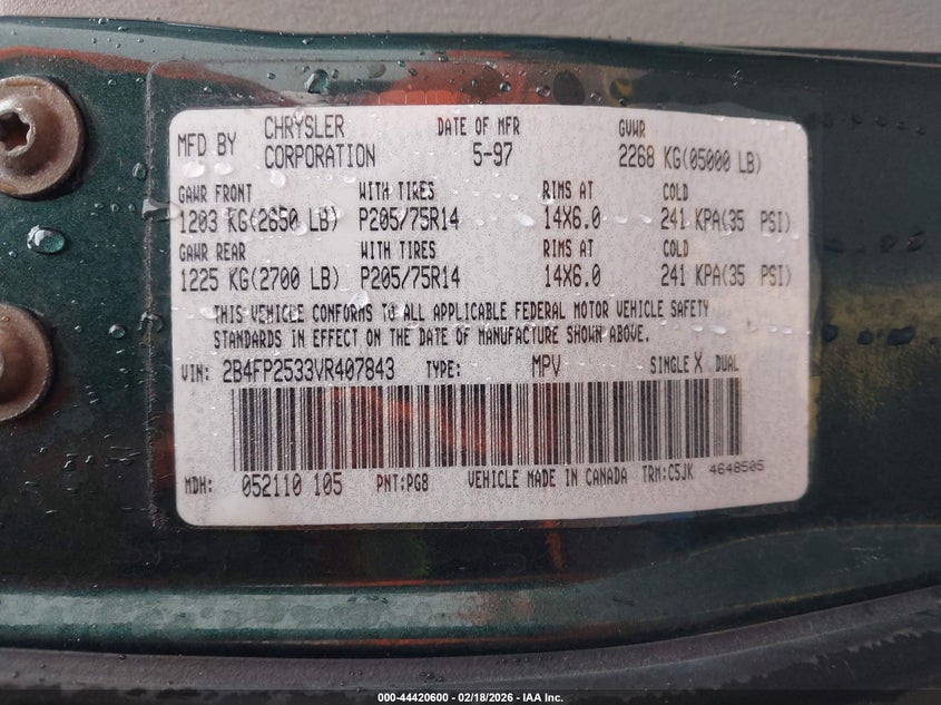 1997 Dodge Caravan VIN: 2B4FP2533VR407843 Lot: 44420600