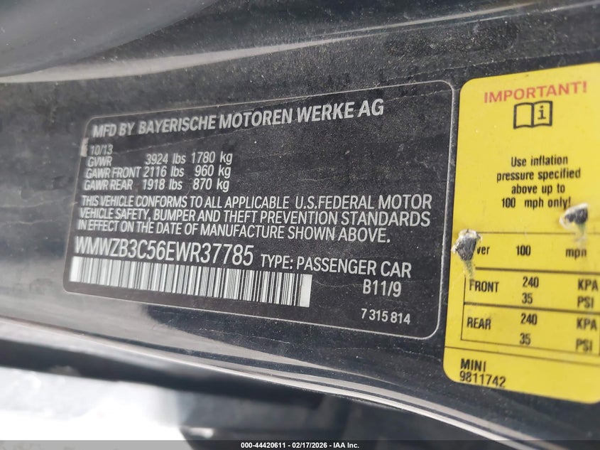 2014 Mini Countryman Cooper VIN: WMWZB3C56EWR37785 Lot: 44420611