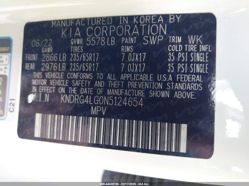 2022 KIA SORENTO HYBRID 1.6L I-4 DI, DOHC, V(VIN: KNDRG4LG0N5124654