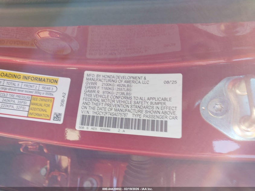 2025 HONDA ACCORD HYBRID 2.0L I-4 DI, DOHC, V(VIN: 1HGCY2F74SA075787
