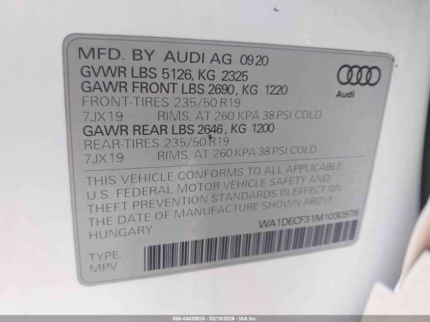 2021 AUDI Q3 2.0L I-4 DI, DOHC, V(VIN: WA1DECF31M1030978