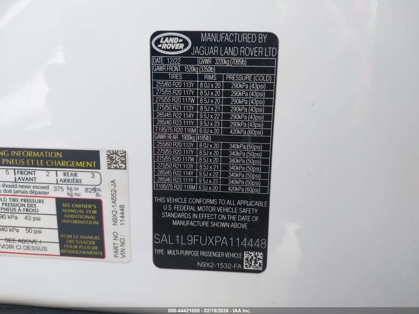2023 LAND ROVER RANGE ROVER SPORT 3.0L I-6 DI, DOHC, V(VIN: SAL1L9FUXPA114448